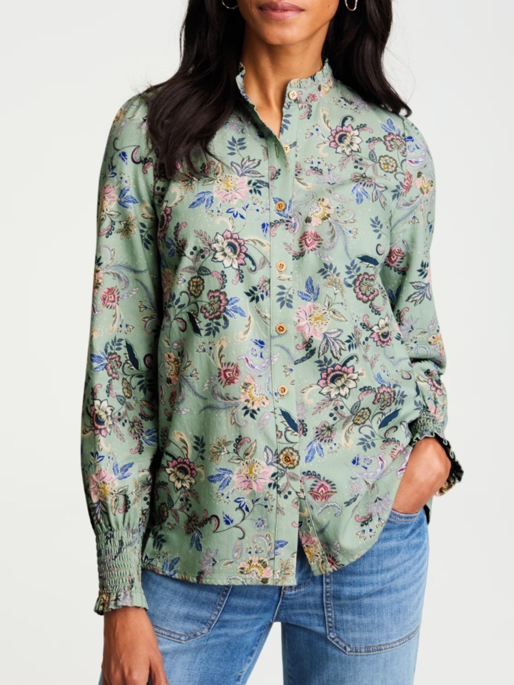 J. Jill Ruffle Neck Floral Smocked Cuff Blouse Small Petite NWTS